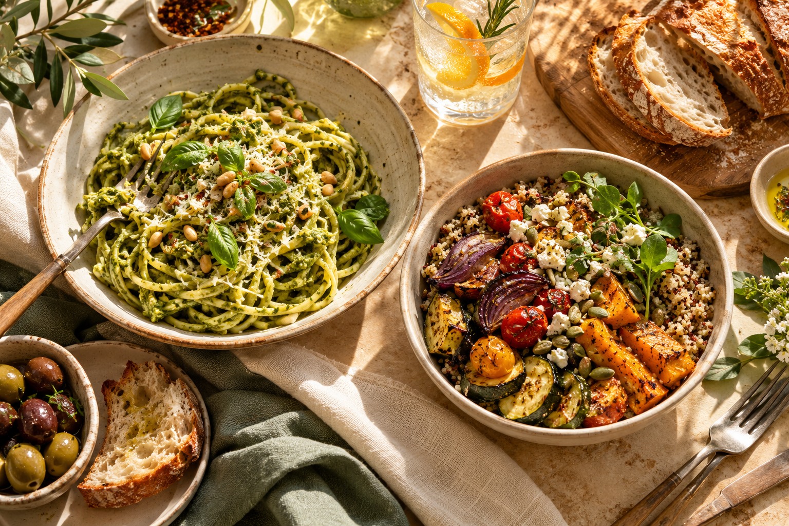 Pesto pasta, roasted vegetables, sourdough and a citrus drink on a sunlit table