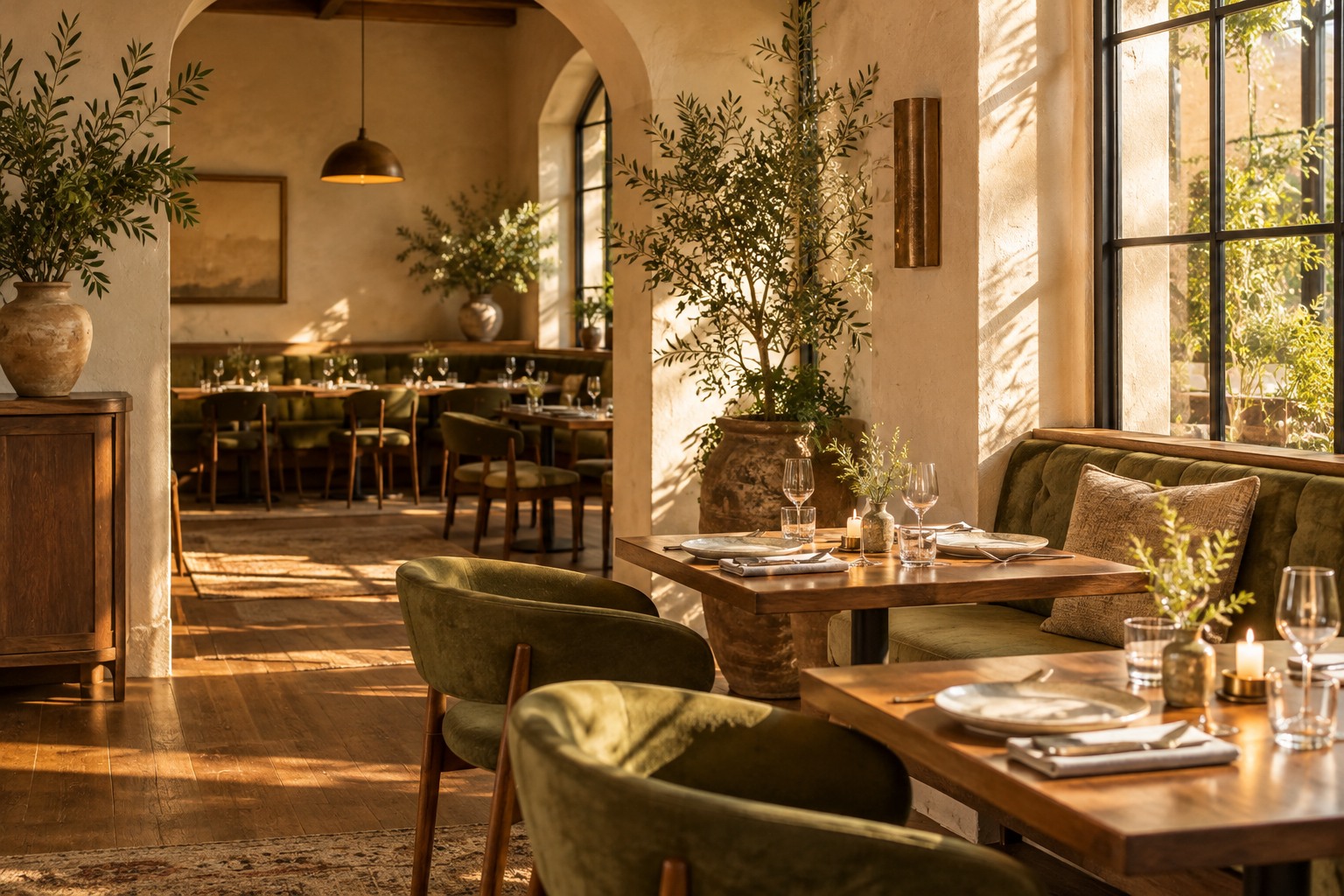 A warm dining room with olive seating, wooden tables and sunlit plants